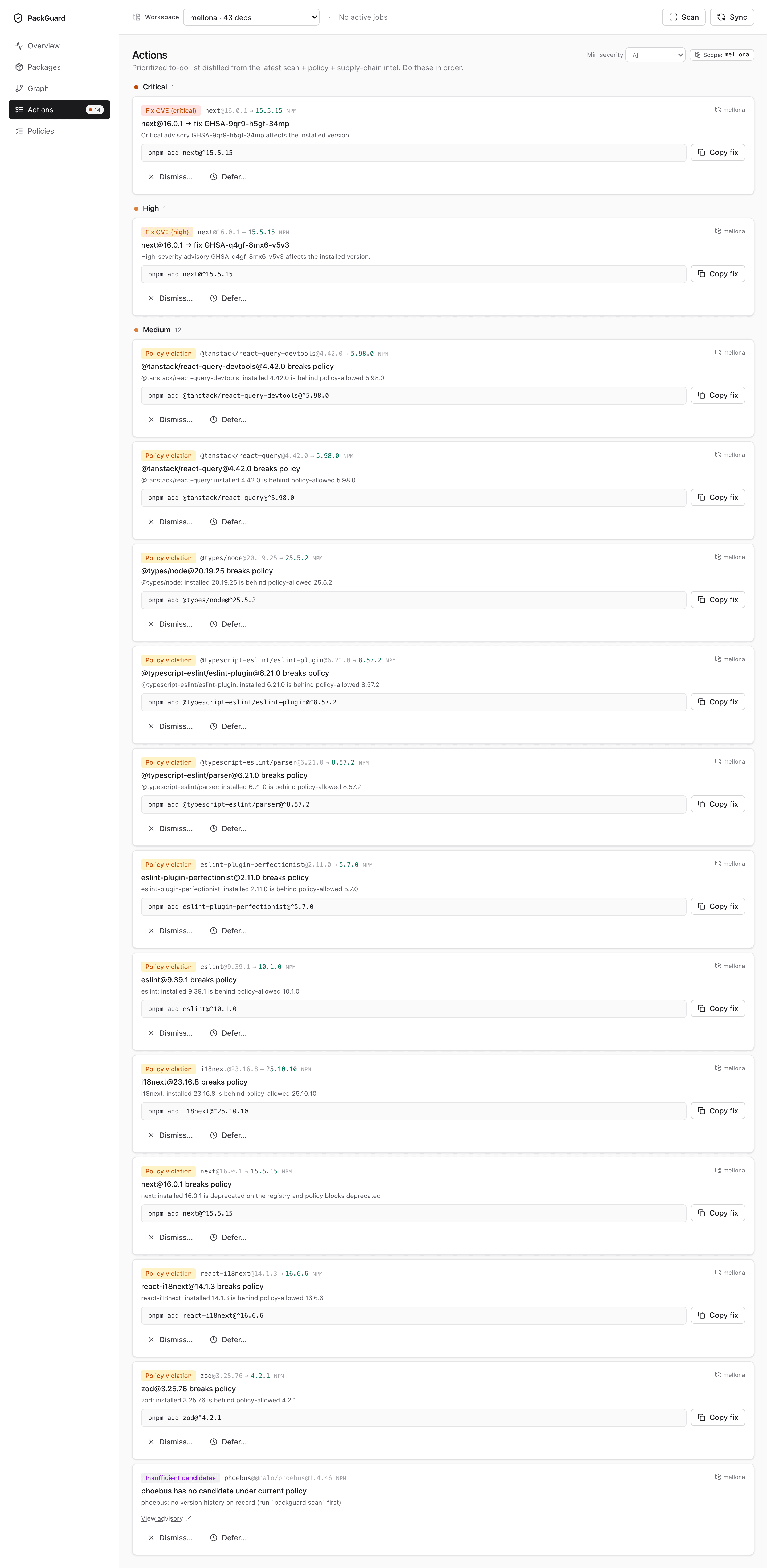 Actions page — copyable fixes grouped by severity