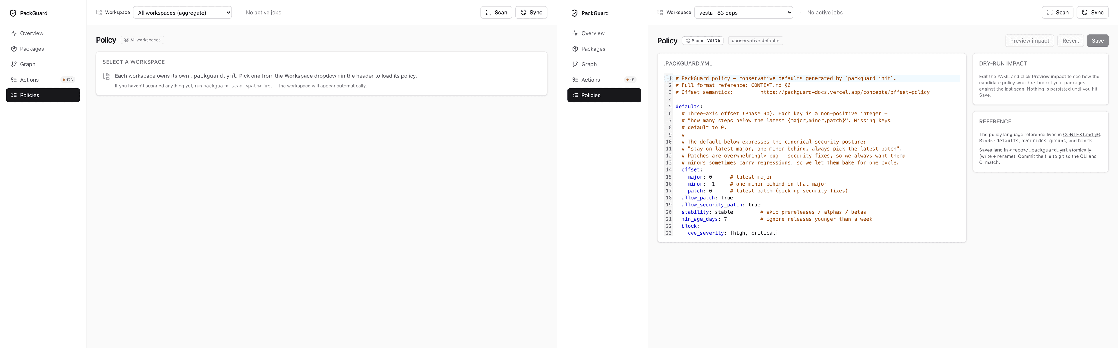 Policies — empty state without scope vs CodeMirror editor when a workspace is picked