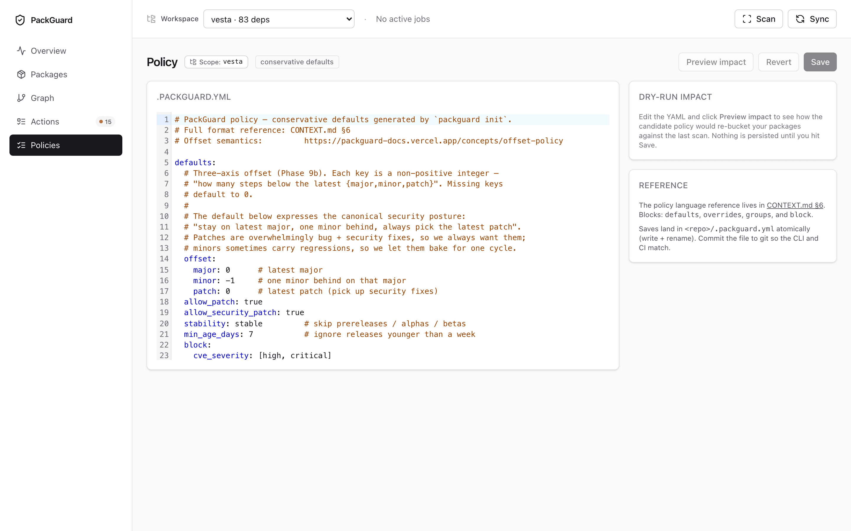 Policies editor — CodeMirror YAML with dry-run preview